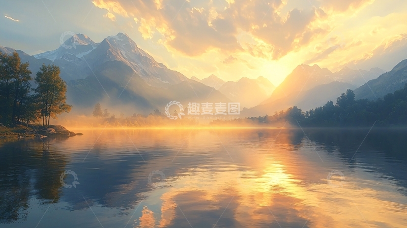 高清大图下载【趣麦麦图】日出山峰湖泊倒影