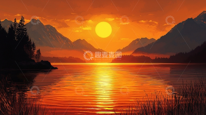 高清大图下载【趣麦麦图】夕阳西下湖光山色