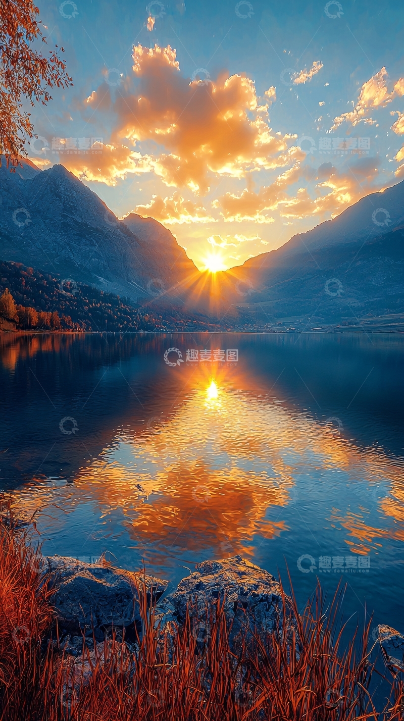 高清大图下载【趣麦麦图】山峦湖泊日落景色