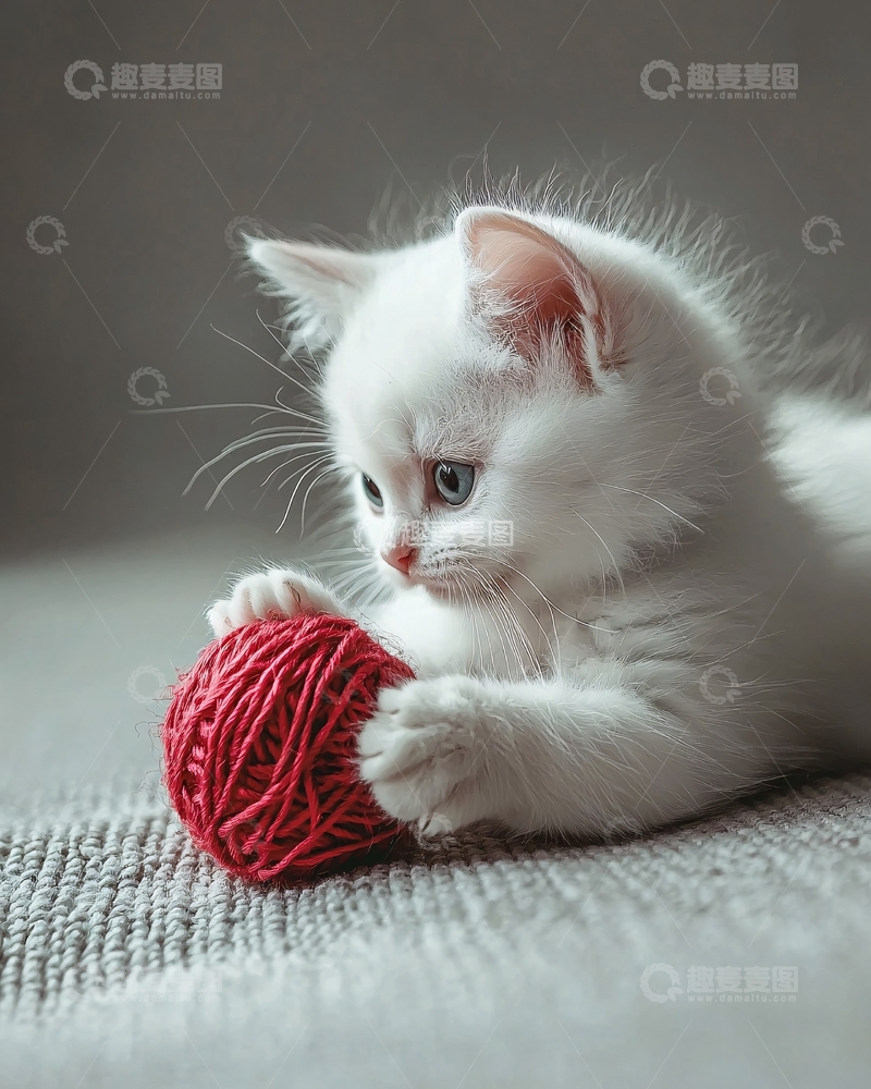高清大图下载【趣麦麦图】白色小猫玩毛线球