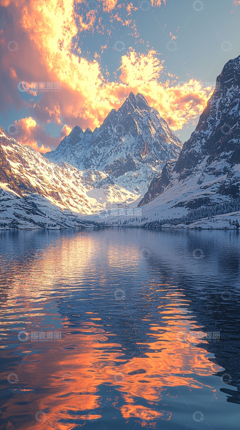 高清大图下载【趣麦麦图】雪山湖泊日落倒影
