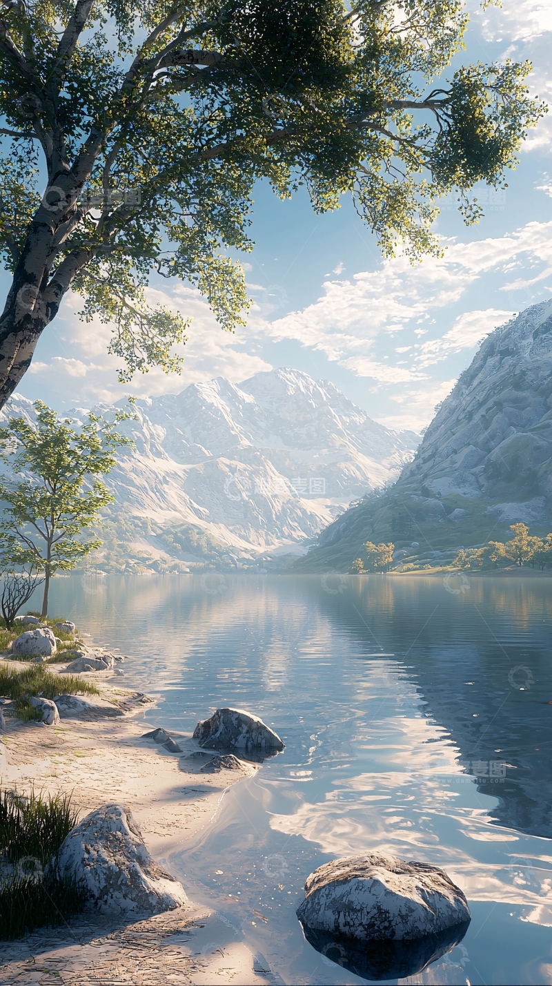 高清大图下载【趣麦麦图】阳光下的雪山湖泊