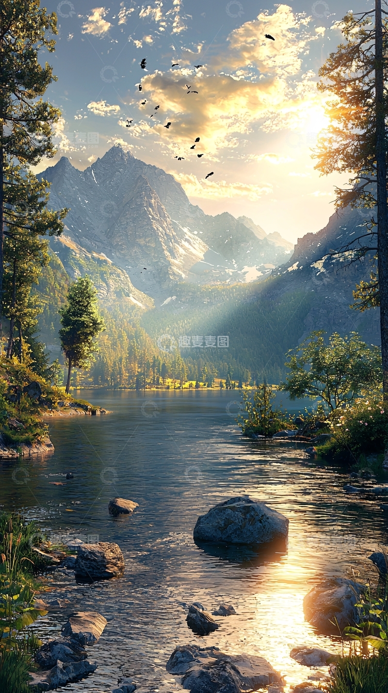 高清大图下载【趣麦麦图】阳光山脉河流湖泊