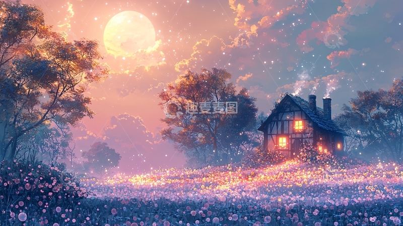 高清大图下载【趣麦麦图】梦幻田园小屋夜景