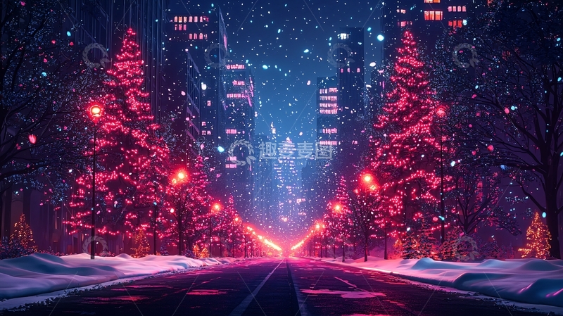 高清大图下载【趣麦麦图】下雪的城市街道圣诞树