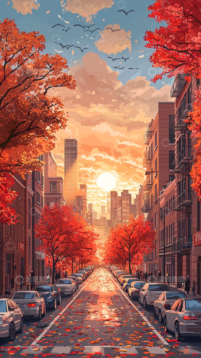 高清大图下载【趣麦麦图】秋日城市街道夕阳景色