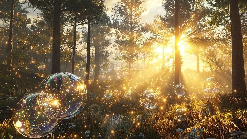 高清大图下载【趣麦麦图】森林日出泡泡