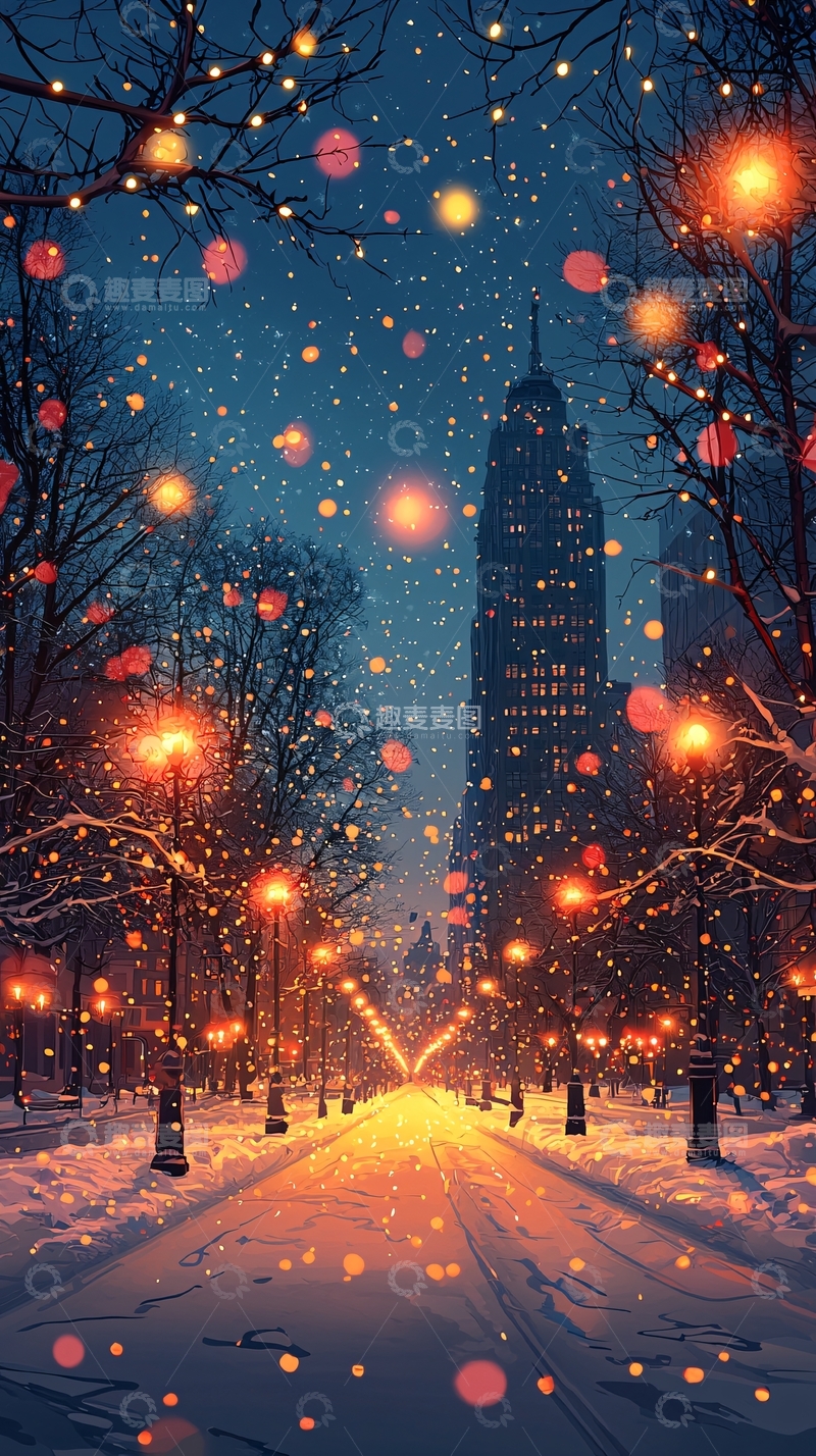 高清大图下载【趣麦麦图】冬夜雪景街道灯光