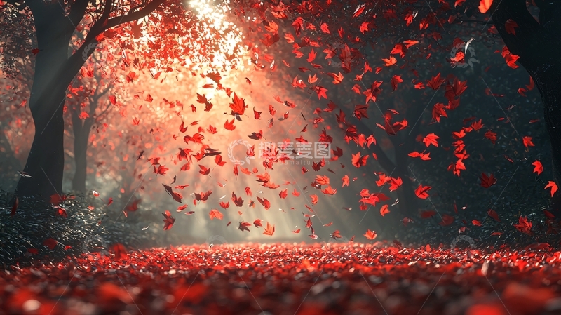 高清大图下载【趣麦麦图】光线森林红叶飘落