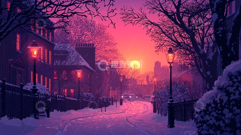 高清大图下载【趣麦麦图】雪夜小镇日落