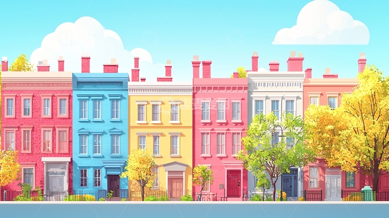 高清大图下载【趣麦麦图】彩色卡通房屋街景