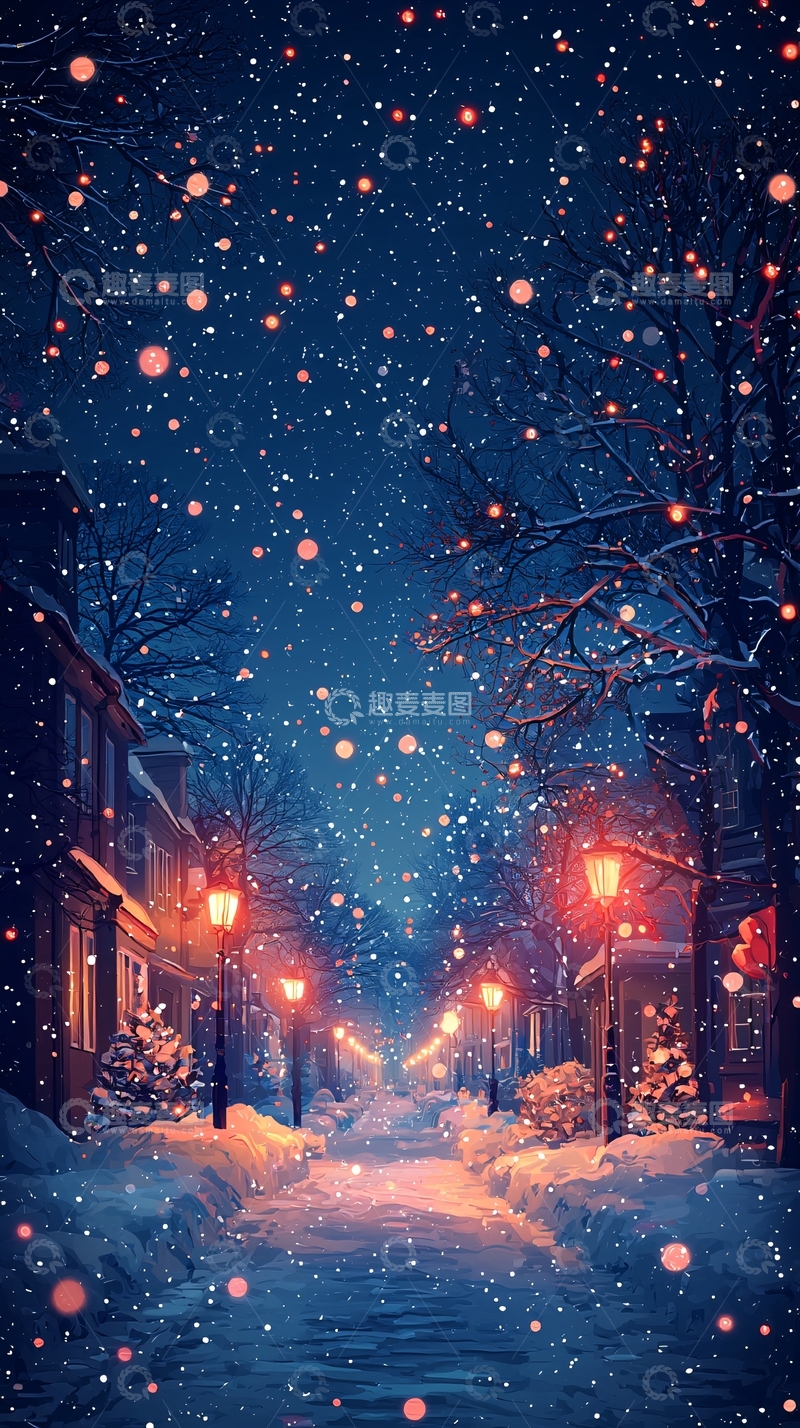 高清大图下载【趣麦麦图】冬夜雪景街道