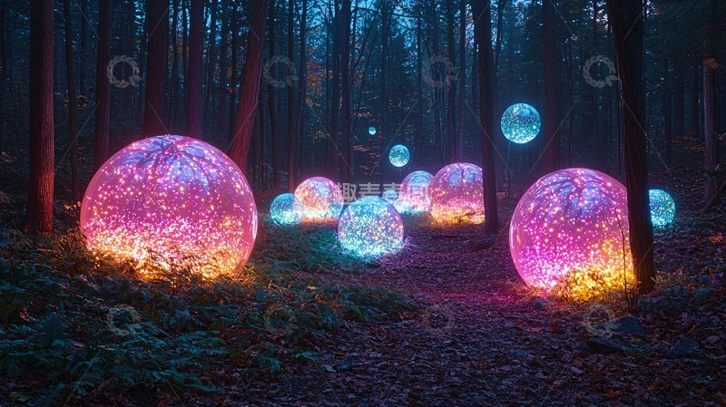 高清大图下载【趣麦麦图】夜晚森林发光球体