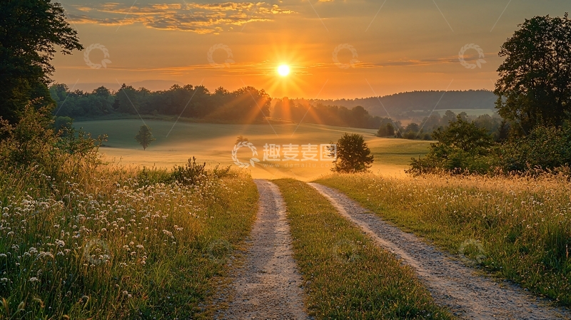 高清大图下载【趣麦麦图】清晨田野小路日出