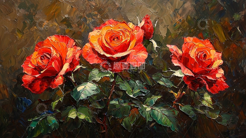 高清大图下载【趣麦麦图】三朵绽放的红玫瑰油画