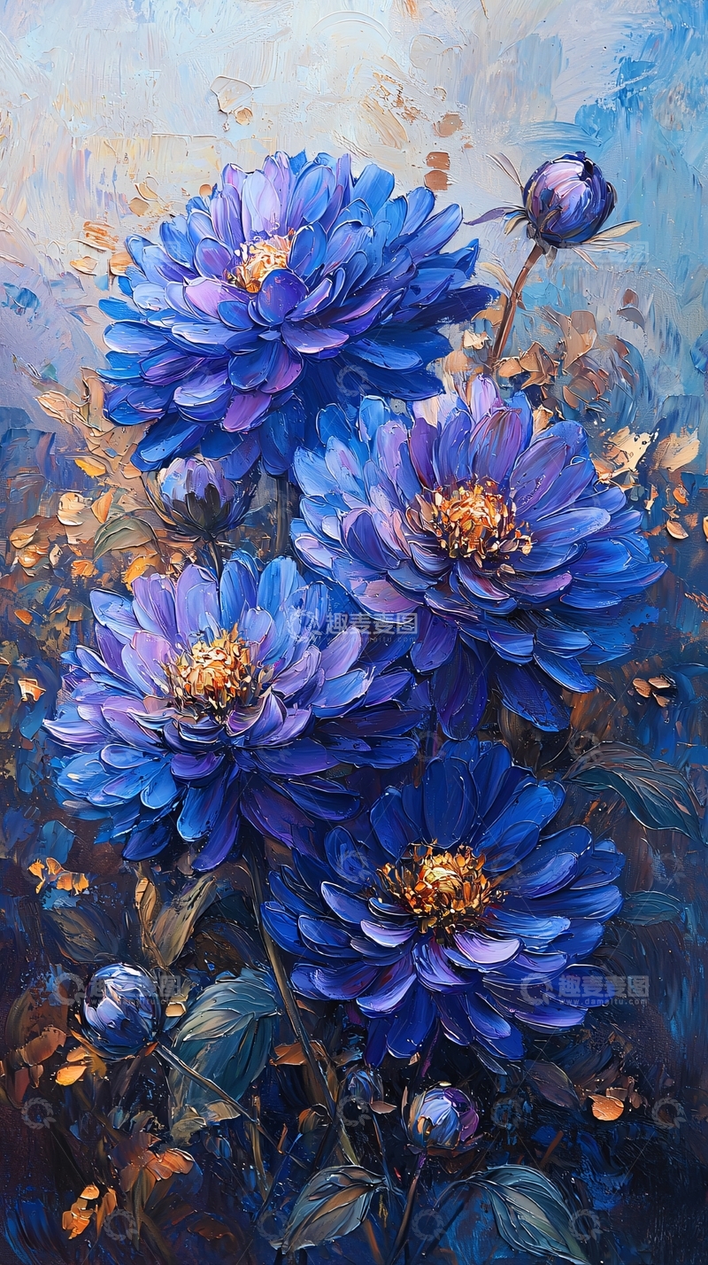 高清大图下载【趣麦麦图】蓝色花卉油画