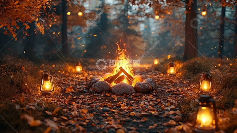 高清大图下载【趣麦麦图】森林篝火夜晚灯光唯美场景