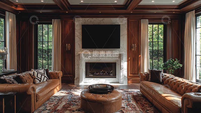 高清大图下载【趣麦麦图】深色木质墙面客厅