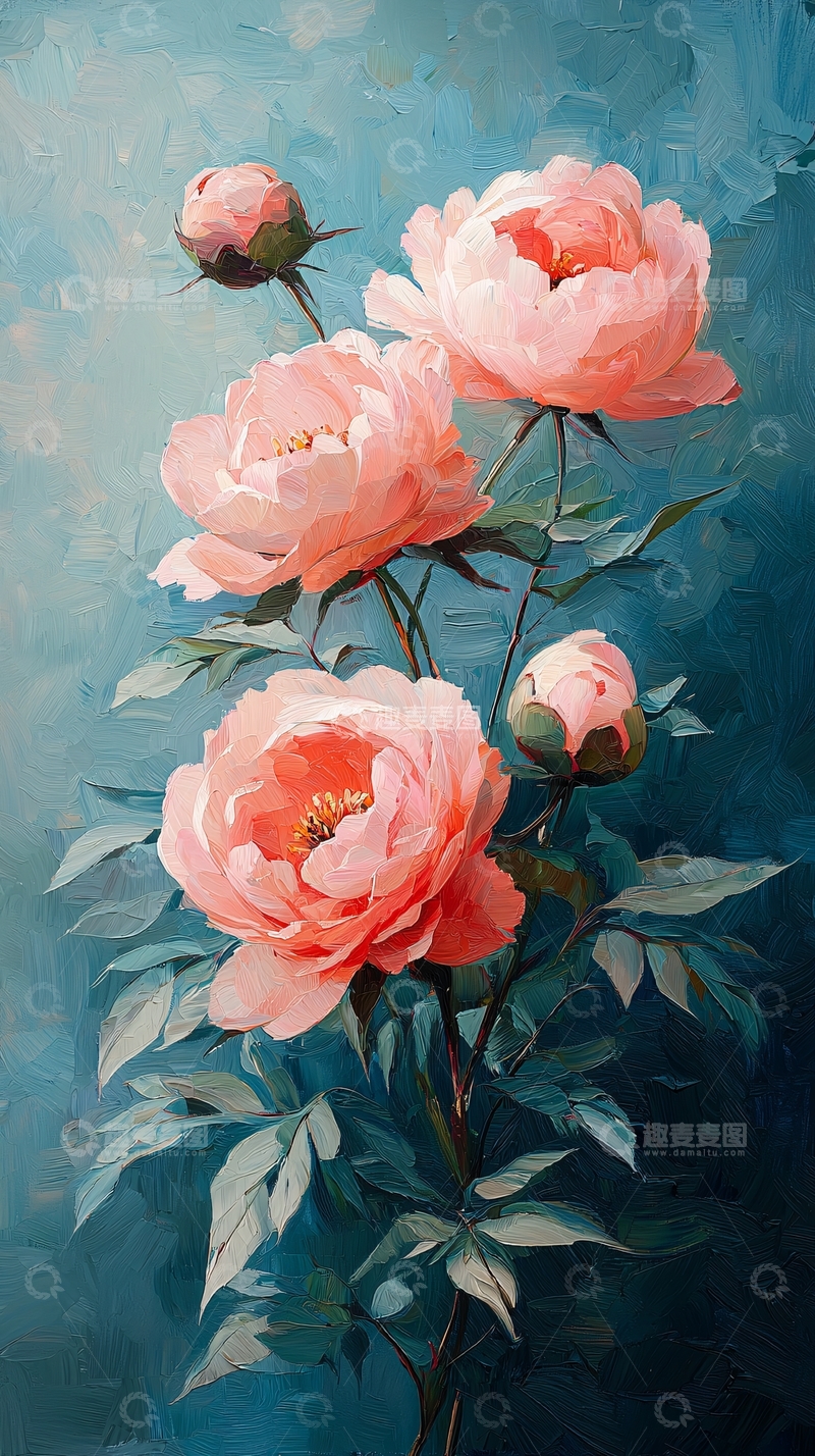 高清大图下载【趣麦麦图】粉嫩牡丹花卉油画
