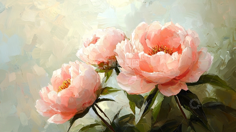 高清大图下载【趣麦麦图】粉嫩牡丹花卉油画