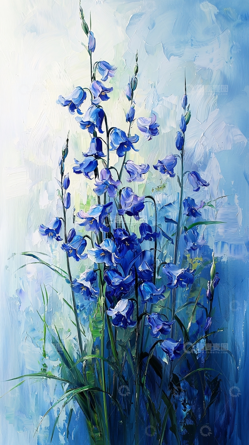 高清大图下载【趣麦麦图】蓝色铃兰花油画