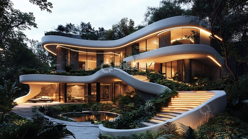 高清大图下载【趣麦麦图】流线型现代别墅夜景