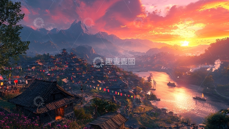 高清大图下载【趣麦麦图】夕阳西下山水小镇