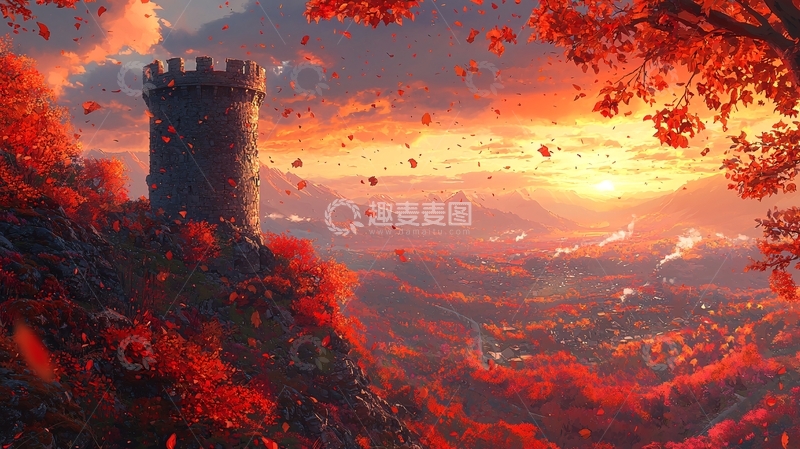 高清大图下载【趣麦麦图】秋日红叶城堡日落