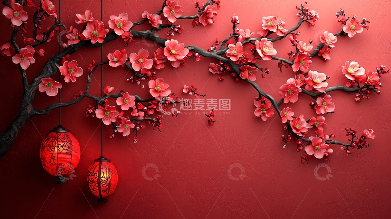 高清大图下载【趣麦麦图】红梅枝头挂红灯笼