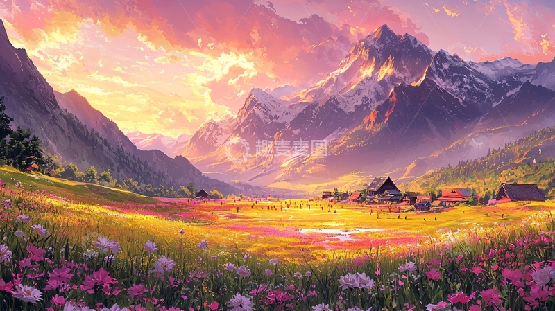 高清大图下载【趣麦麦图】极光般绚丽的雪山花田
