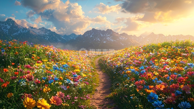 高清大图下载【趣麦麦图】山间彩色花海小路