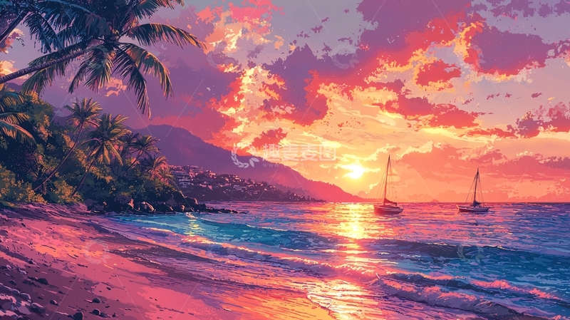 高清大图下载【趣麦麦图】热带海滩日落