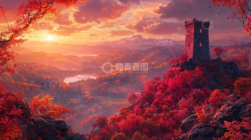 高清大图下载【趣麦麦图】红叶秋景山顶古堡日落