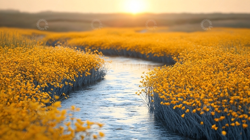 高清大图下载【趣麦麦图】夕阳下的金色花海小溪