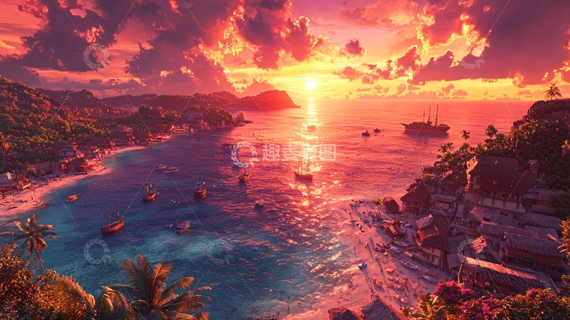 高清大图下载【趣麦麦图】热带海滩落日余晖