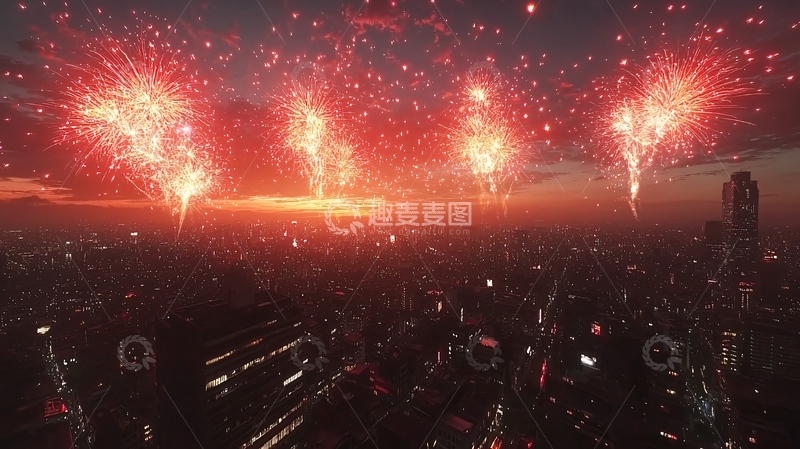 高清大图下载【趣麦麦图】夜空中绽放的红色烟花