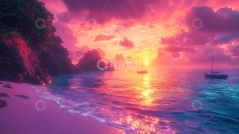 高清大图下载【趣麦麦图】粉色海滩落日