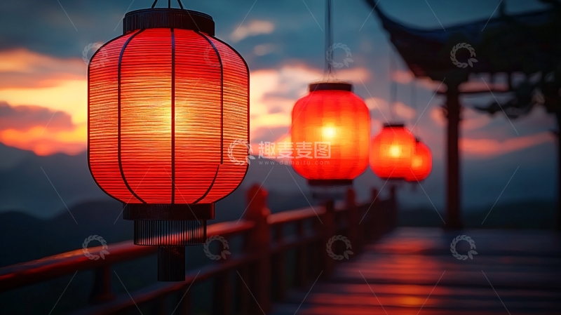 高清大图下载【趣麦麦图】红灯笼日落山景