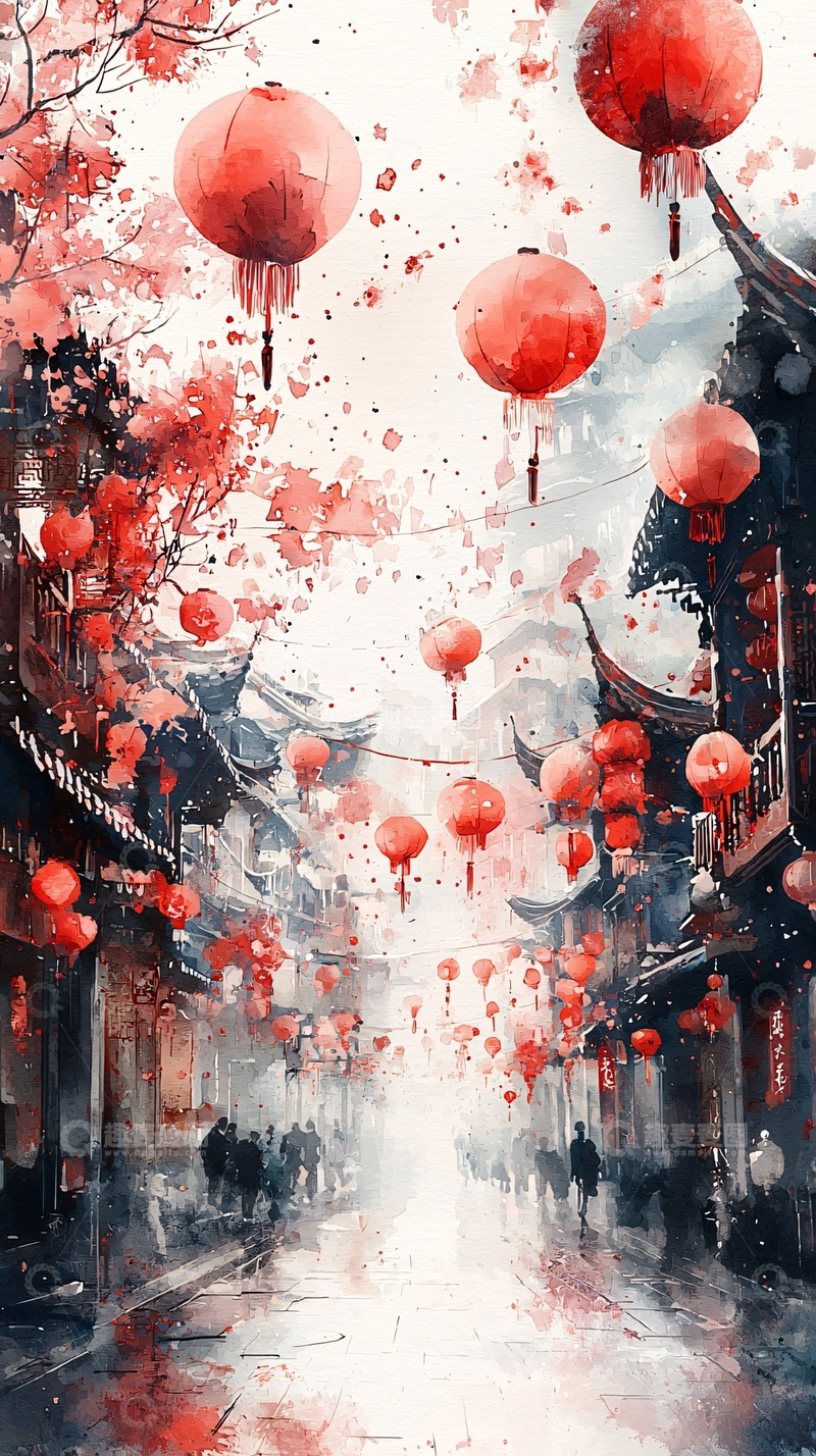 高清大图下载【趣麦麦图】红灯笼古镇街景水墨画