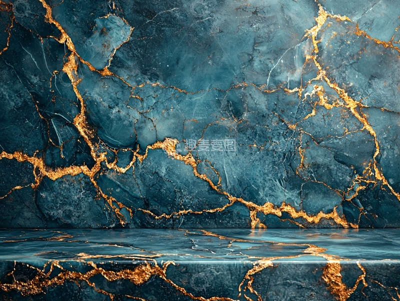 高清大图下载【趣麦麦图】蓝色与金色交织的大理石纹理