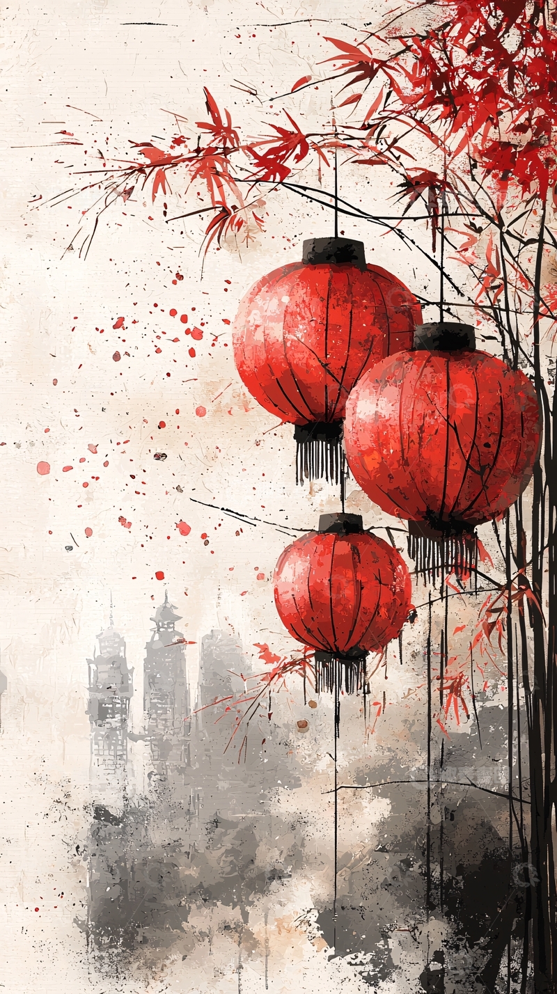 高清大图下载【趣麦麦图】红灯笼水墨画