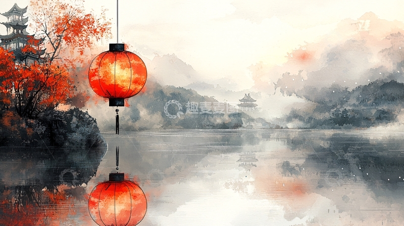 高清大图下载【趣麦麦图】水墨山水红灯笼