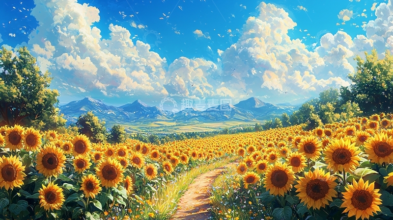 高清大图下载【趣麦麦图】向日葵田野的蓝天白云