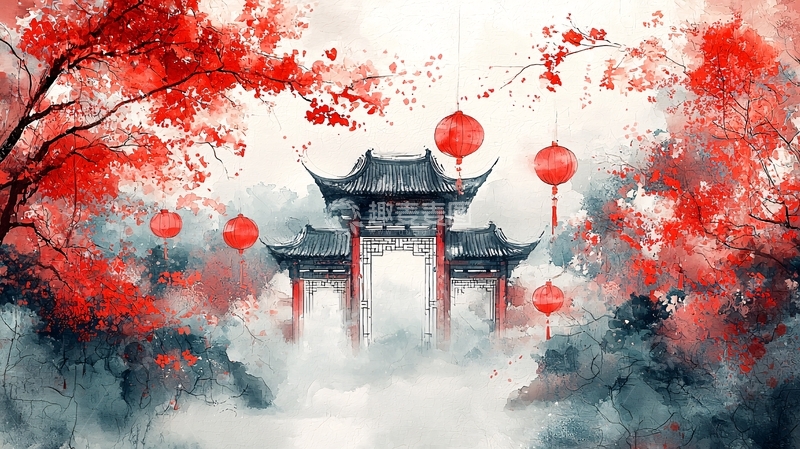 高清大图下载【趣麦麦图】红枫中式建筑水墨画