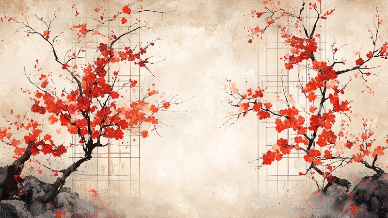 高清大图下载【趣麦麦图】红梅水墨画背景