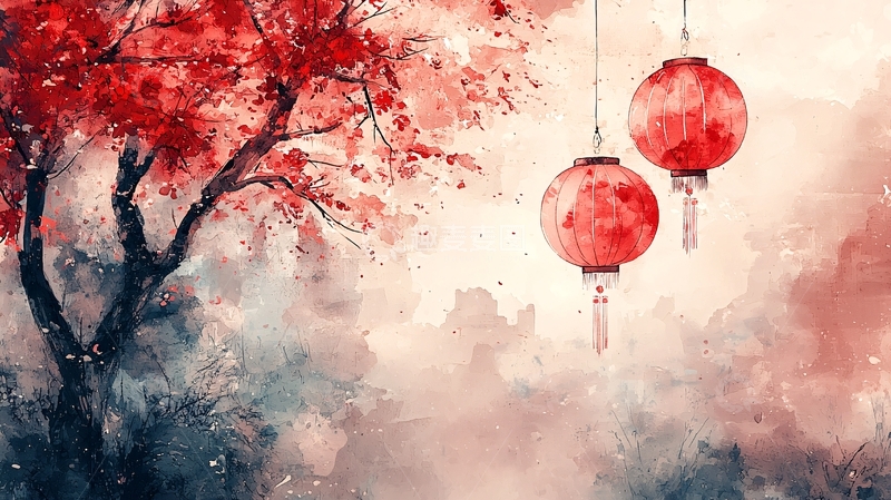 高清大图下载【趣麦麦图】红枫树下红灯笼