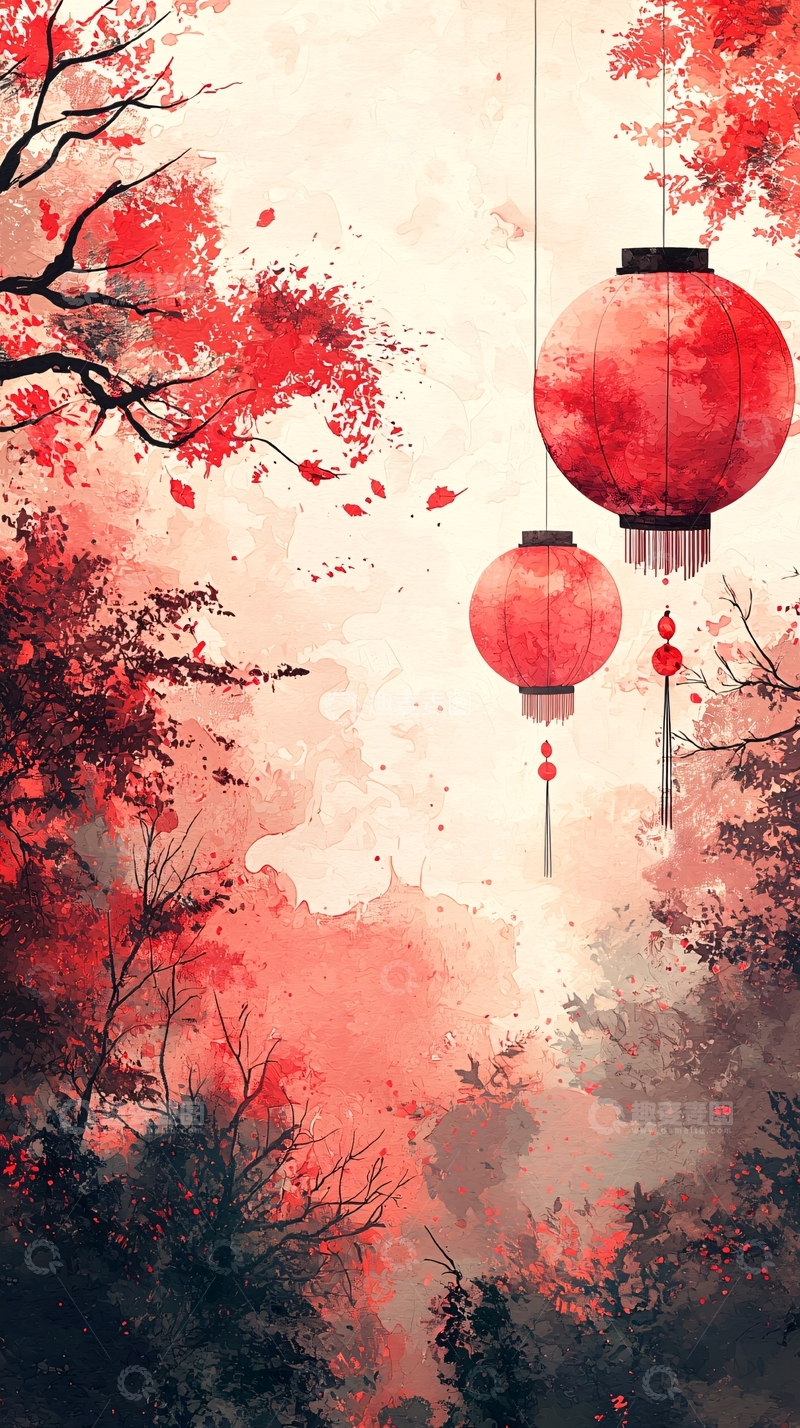 高清大图下载【趣麦麦图】红枫树下红灯笼