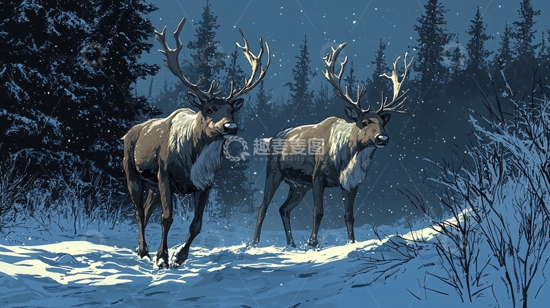 高清大图下载【趣麦麦图】两只驯鹿在雪地里