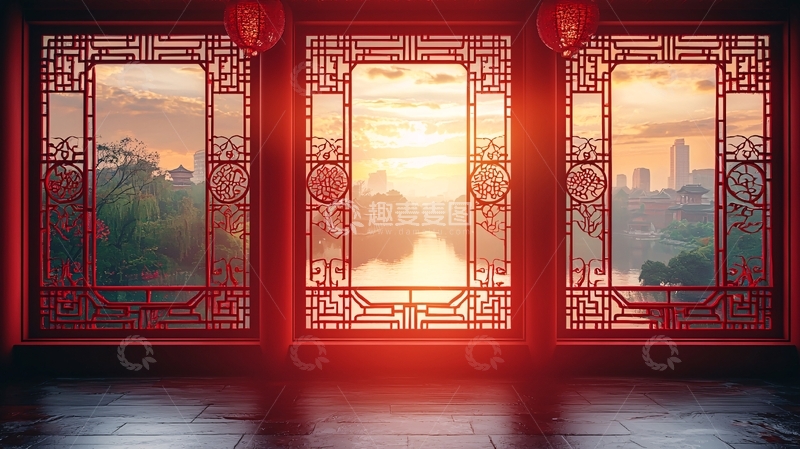 高清大图下载【趣麦麦图】-中式窗棂日出景色
