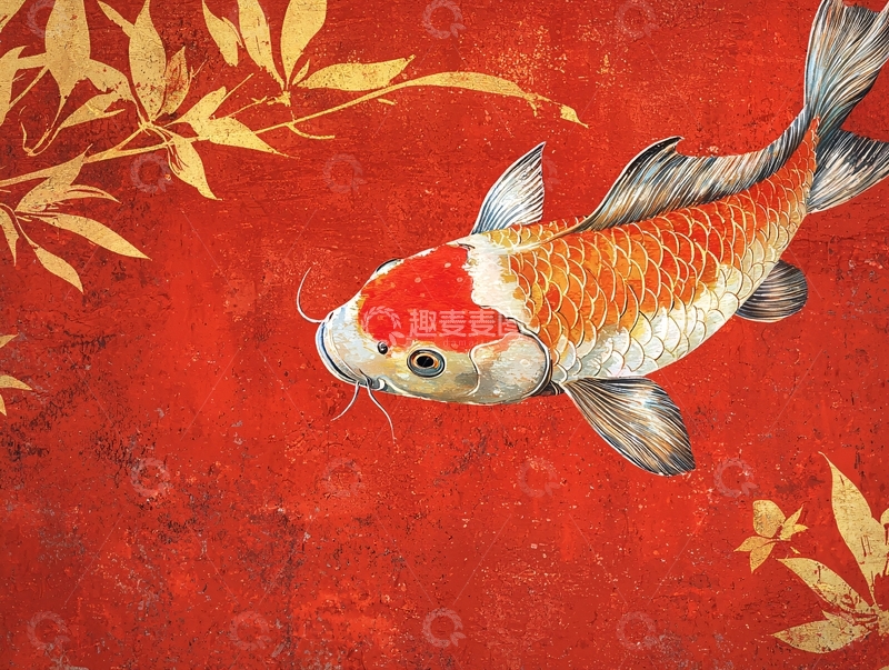 高清大图下载【趣麦麦图】红底金箔锦鲤图